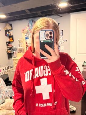 Red Lifeguard Hoodie with White Cross Graphic